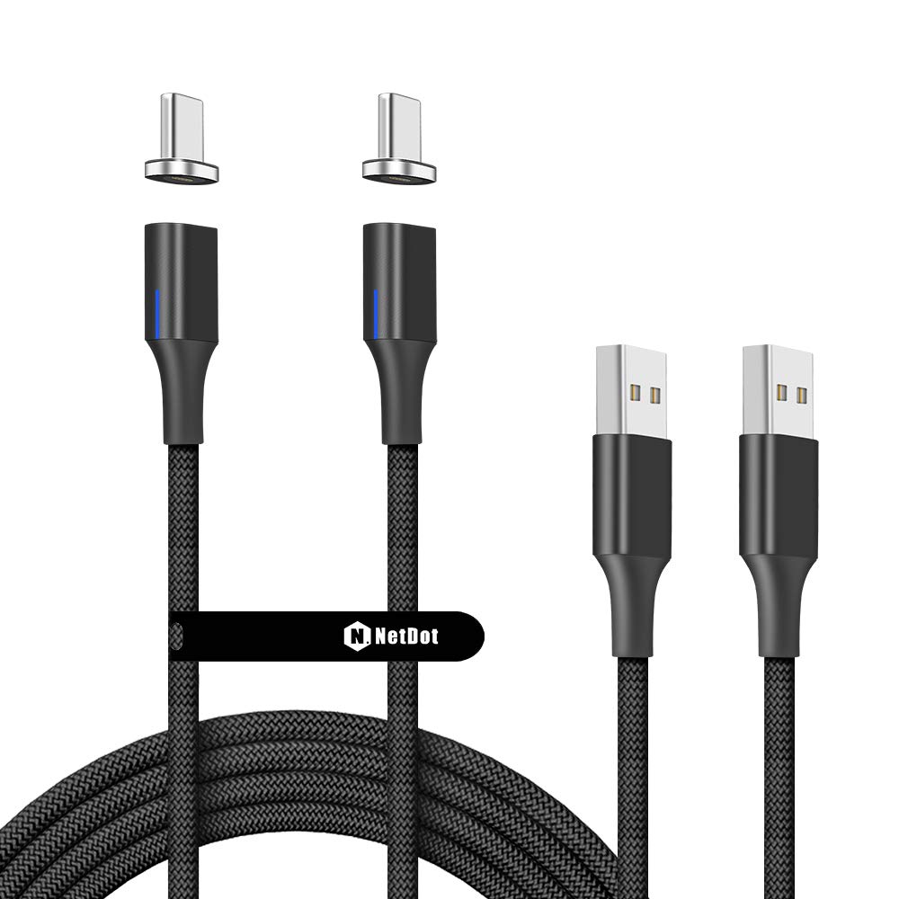 NetDot Gen10 USB-C Nylon Braided Magnetic Fast Charging Cable with Side LED compatible with Type-c Device(2m/2 pack black)