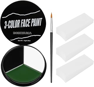 BOBISUKA White Black Green Face Paint + 3PC Sponge + Brush Body Paint Set, Colored Eye Black for Baseball Softball Sport Games, Zombie, Monster Face Painting Kit for Halloween, Cosplay, Costume, SFX Special Effect and Theme Parties