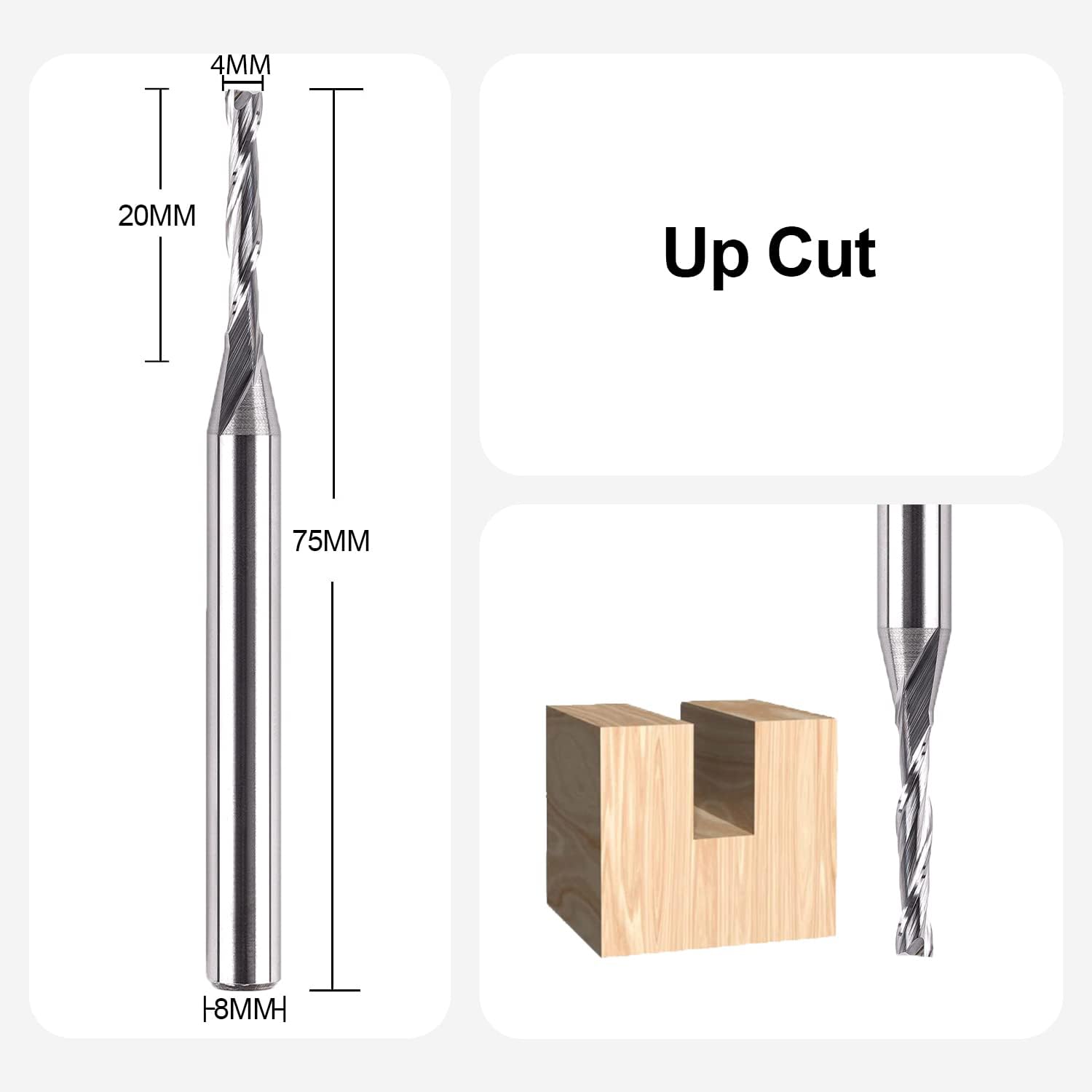 SpeTool Fresas para Madera 8 mm Fresa de Ranurar CNC Fresa Helicoidal Up Cut HRC55 Diámetro de Corte 4 mm Fresa Espiral Longitud de Corte 20 mm Carburo Sólido de Fresas de Corte de Madera, Tallado