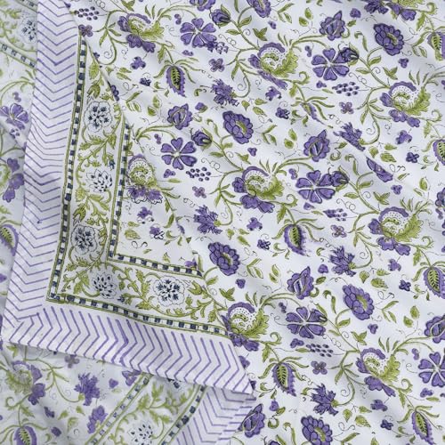 Image of TOAI Hand Block Printed Bedsheet | Bed Sheet Flatsheet | Pure Cotton | Double Bed King Size 108 inchx108 inch | 300 TC Bedsheets | Includes 2 Pillow Covers (Purple Green Floral Spread)