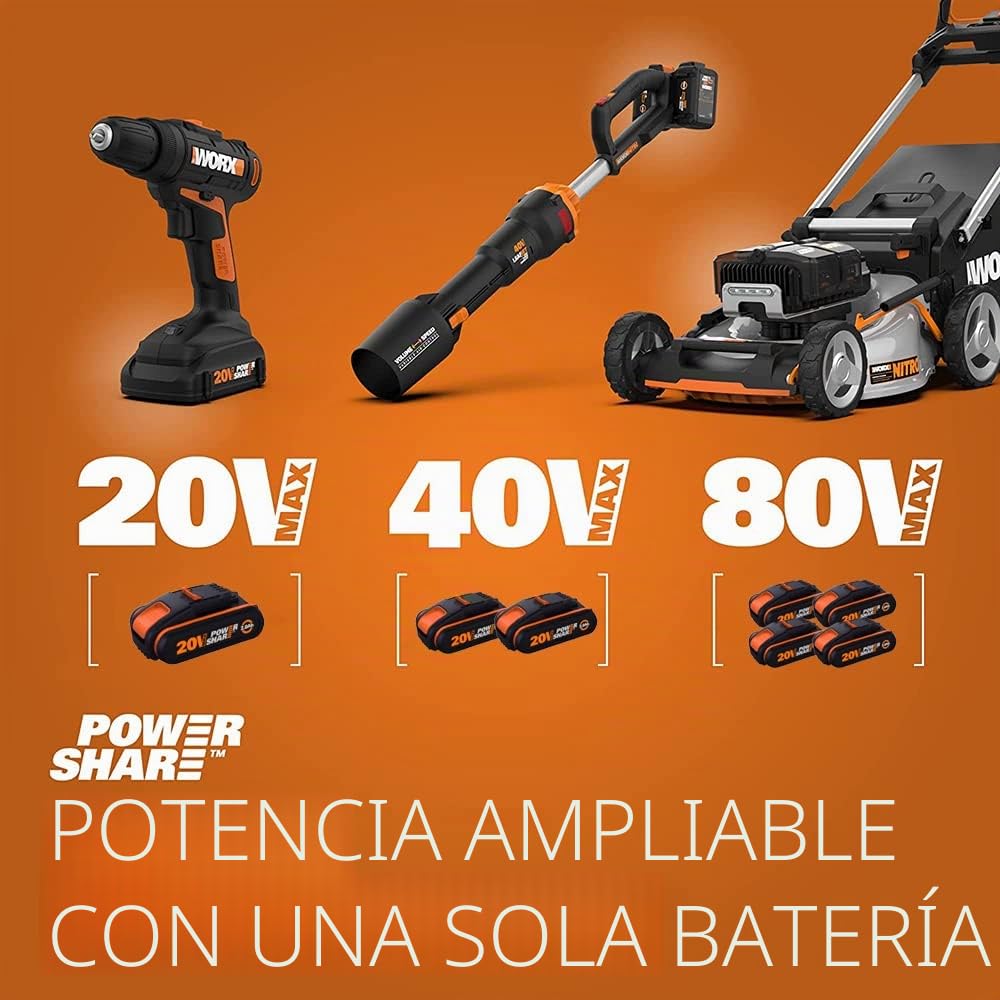 WORX WA3601 Pack Batería 20V 2Ah + Cargador Rápido 1h PowerShare, Compatible con Todas Las Herramientas WORX 20V, Indicador de Carga Integrado