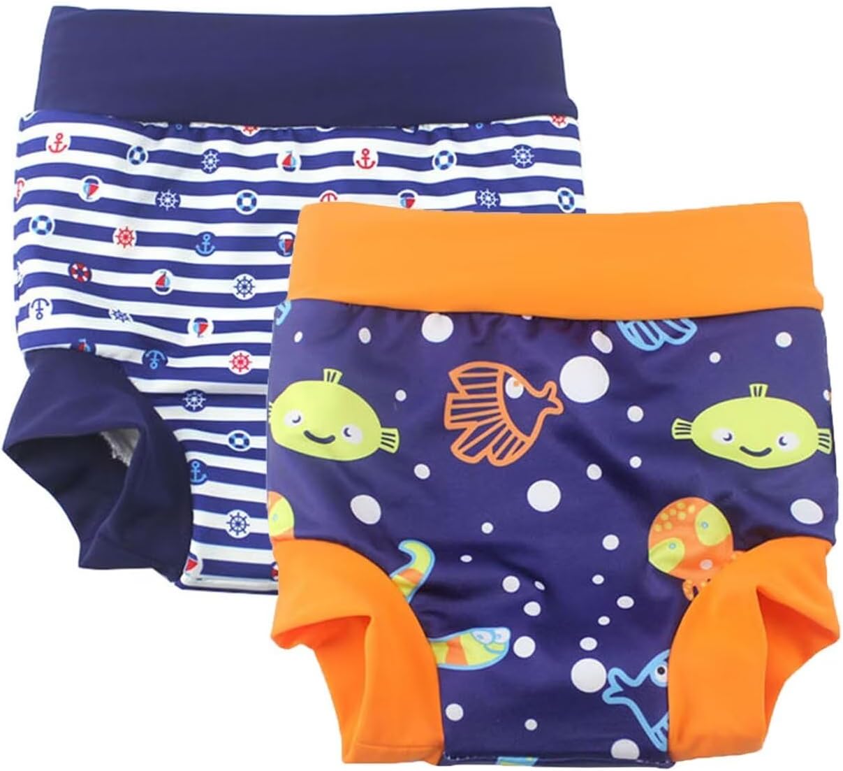 Swim Nappies for Baby Girls and Boys Reusable and Toddler Swim Diaper High-Waisted Swimming Shorts (12-18 Months, Navy+Orange)