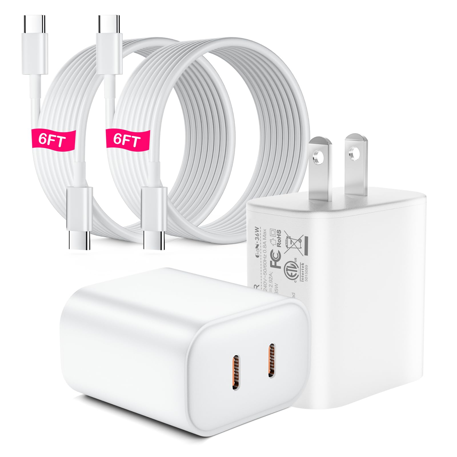 USB C Charger Block for iPhone 16 15, 2 Pack PD 36W Dual Port USB C Plug Wall Fast Charger Adapter with 6FT Fast Charging Cable