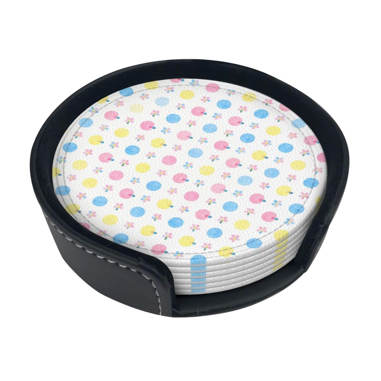 Cntdbu White Dot Flower Seamless Leather Coasters Set Of 6-Pu Leather Drink Mats For Table, Heat Resistant Round Coasters With Holder