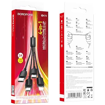 BOROFONE 4in1 Usb Cable Lightning + Micro + Type-c 4 in 1 Charging Cable for Lightning/Micro-USB/USB-C 1 meter 2A Current BX72 (2x Type-C+Lightning+Micro End Cable)