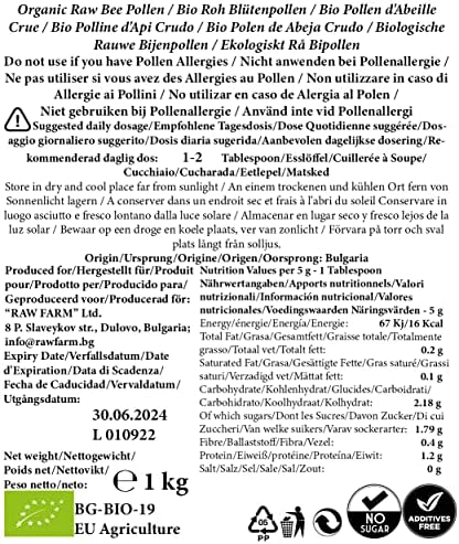 1 kg Organic Bee Pollen, Raw, Unheated, Pure and Fresh