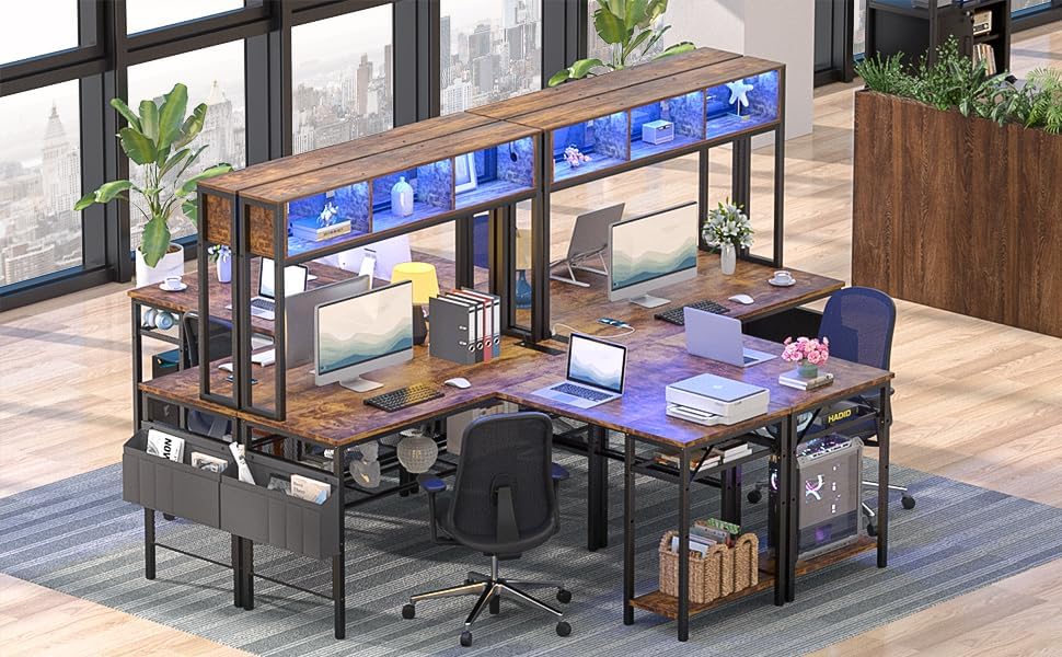 Miniatura 8 de Unikito Escritorio para juegos en forma de L con luces LED y tomas de corriente, escritorio reversible para computadora con estantes de