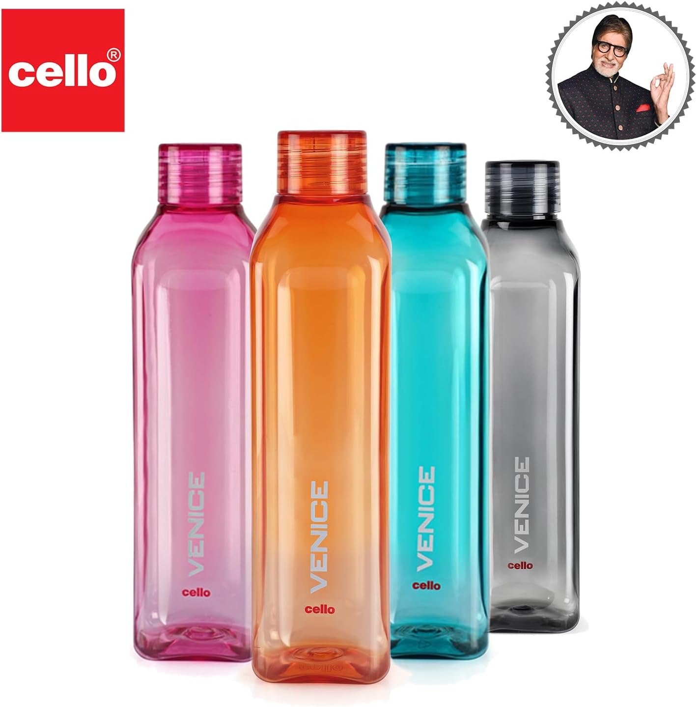 Cello Venice Plastic Water Bottle, 1 Litre, Set of 4, Assorted