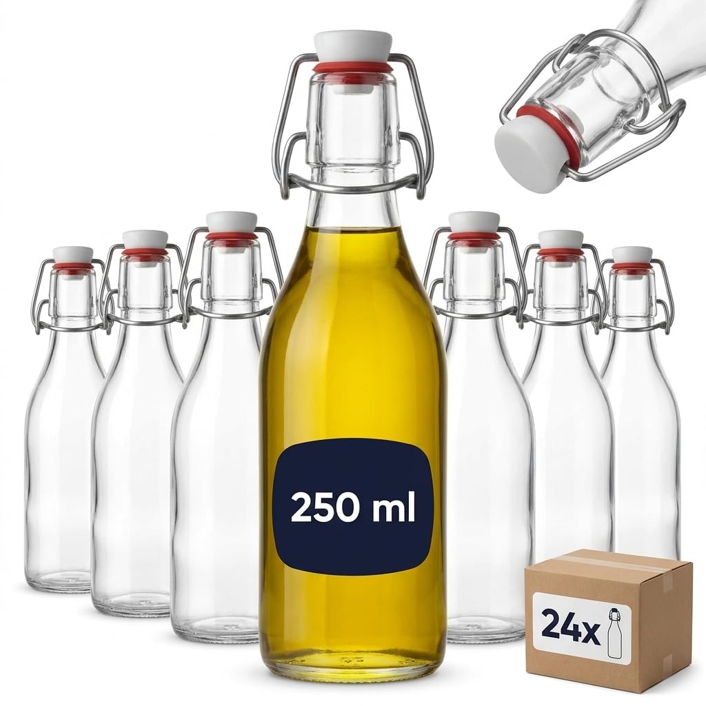 gouveo lot de 24 bouteille en verre ronde avec fermeture mécanique 250 ml (0,25 l) – à remplir pour jus, sirop, liqueur, huile et vinaigre, lavable au lave-vaisselle (BFR250)