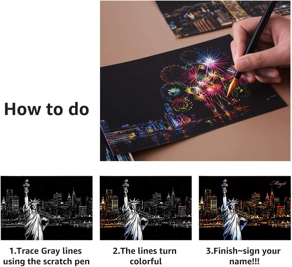 M MUGIT Magic Scratch Art Paper, Mini Envelope Postcard, Rainbow Night View Scratchboard for Adults and Teens, Art & Crafts Set: 12 Sheets Scratch Cards & Drawing Pen, Clean Brush (Landmark Building)
