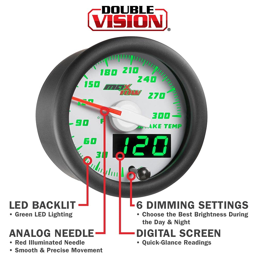 MaxTow Double Vision 300 F Intake Temperature Gauge Kit - Includes Electronic Sensor - White Gauge Face - Green LED Illuminated Dial - Analog & Digital Readouts - 2-1/16" 52mm