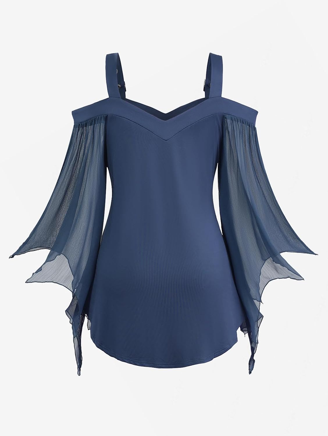 ROSE GAL Women Plus Size Gothic Top Buckle Straps Cold Shoulder Mesh Bell Sleeve Witch Halloween Costume Gothic Tee
