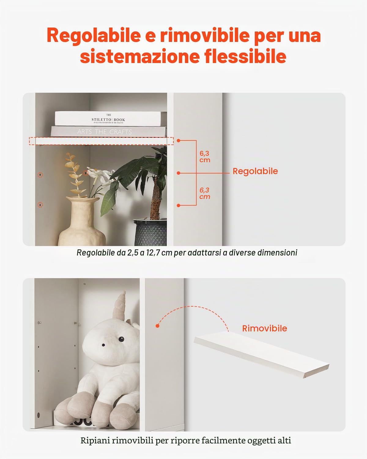 VEVOR Libreria Sottile a 8 Ripiani, Libreria Aperta in Legno Alta 180 cm con Ripiano Regolabile in Altezza, Espositore Autoportante per Riporre a Pavimento, Camera da Letto, Soggiorno, Ufficio, Bianco