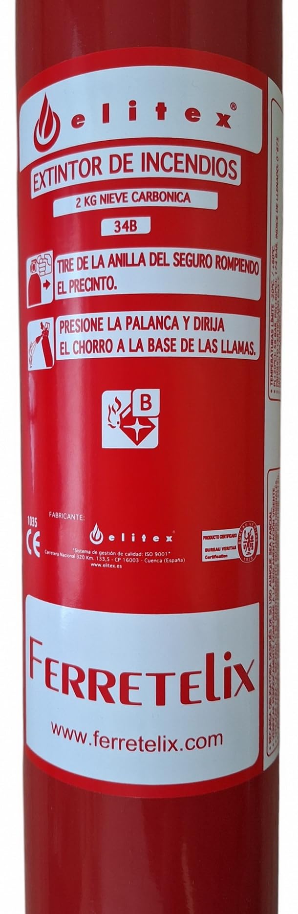 Ferretelix®. Extintor CO2 2 kgs dioxido de Carbono Incluye Soporte metálico de Pared y difusor (no Deja residuos)