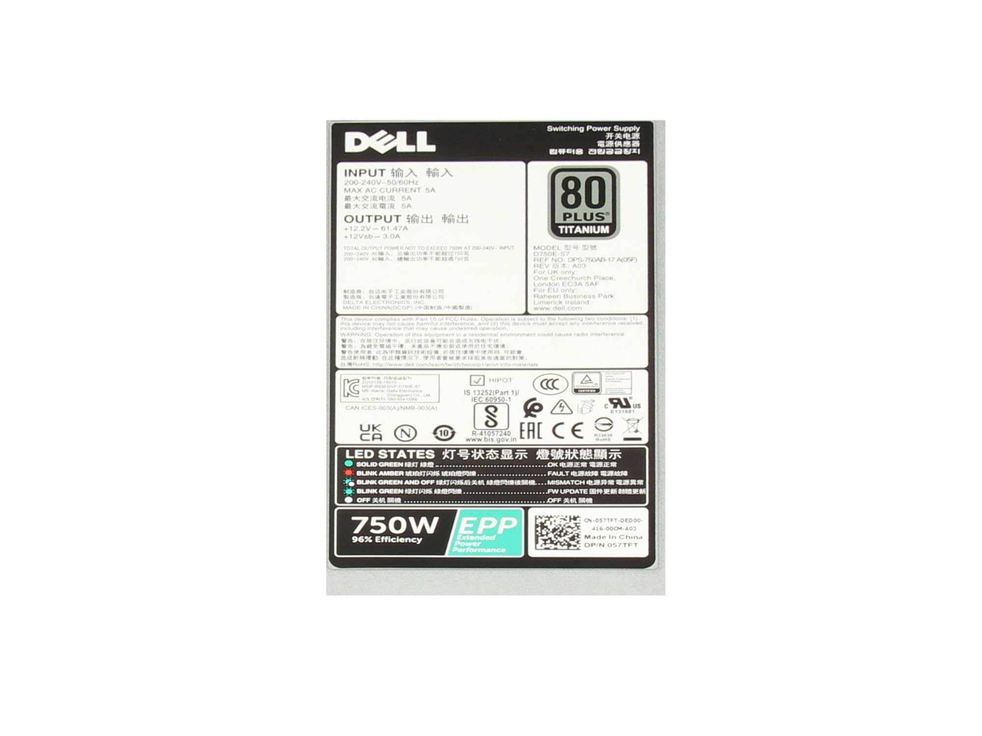 Dell D750E-S7 Original Fuente de alimentación del Servidor 750 vatios | para PowerEdge 1000, 2000, 6000, C, R, T