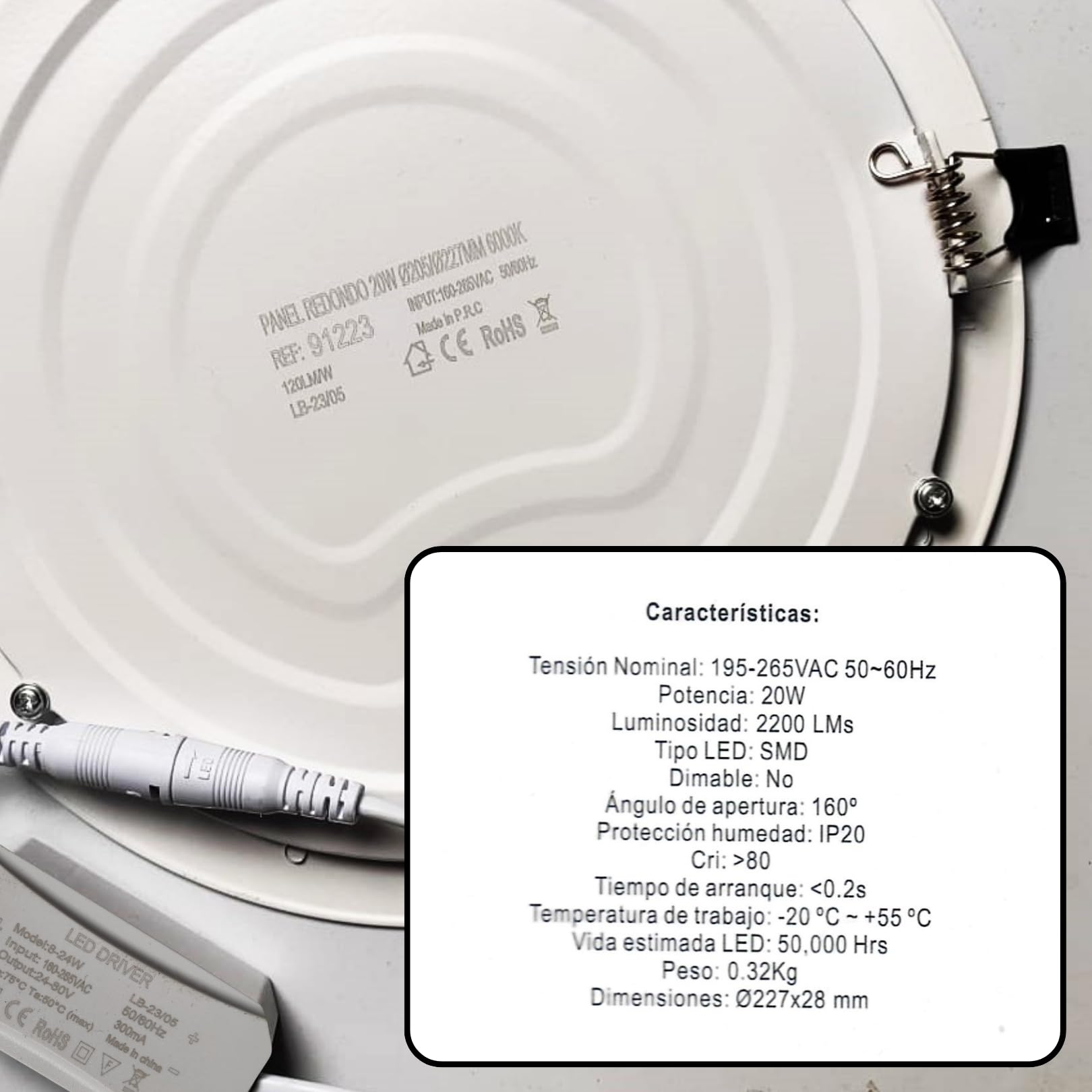 QWell® - 5 X Panel Downlight LED Redondo 20W | 20 cm. | 2200 LM 6000K | Extraplano Empotrar en Techo | Eficiencia Energética Clase B | Vida útil 50,000 Hrs | Driver Incluido