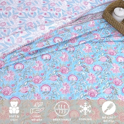 Image of TOAIArt Premium Jaipuri Dohar | AC Blanket Summer Quilt | Hand Block Printed | 3 Layers | Reversible | 150GSM 100% Mulmul Cotton | 100% Cotton Flannel Filling | Single 60 inch X 90 inch |Pink Florals on Blue