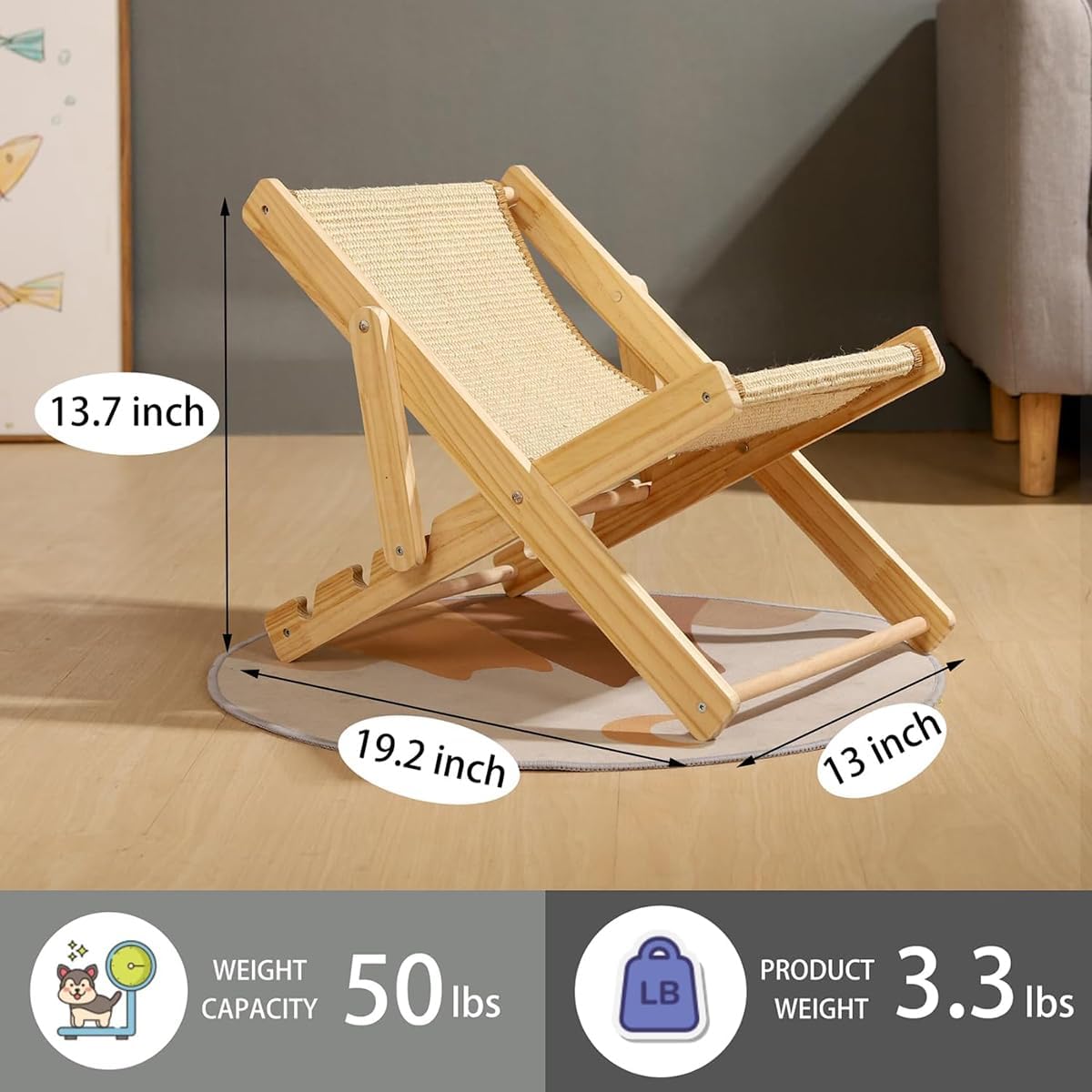 سرير قطط خشبي طبيعي بابوريتش من هنيجا، أرجوحة شبكية للقطط قابلة للتعديل مع وسادة من السيزال، كرسي شاطئ صغير للقطط والجراء والأرانب والحيوانات الأليفة الصغيرة الأخرى