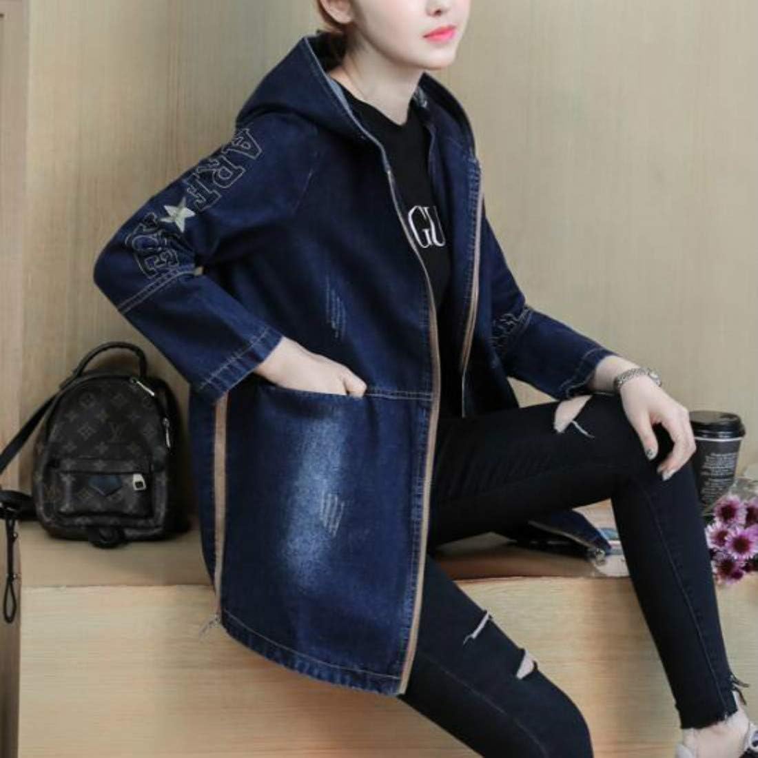 Colygamala Women's Long Denim Jacket Plus Size Zipper Long Sleeve Windbreaker With Hoodie (S-3XL)