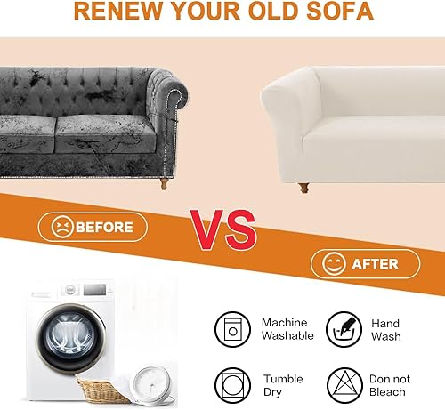 Miniatura 3 de Funda elástica Chesterfield para sofá de 3 cojines, 1 pieza, para sala de estar, protector de muebles para mascotas y perros (color marfil, sofá)