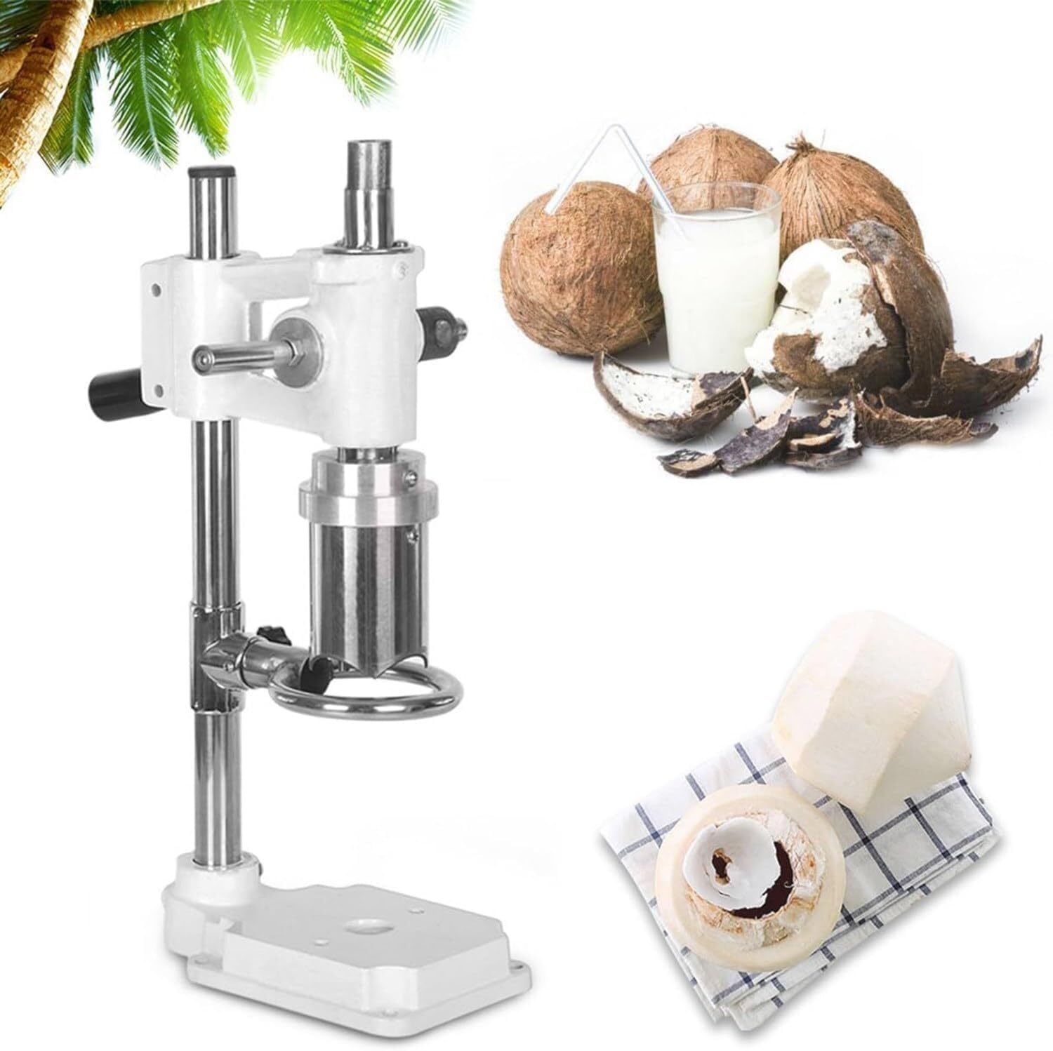 Stainless Steel Coconut Opener Adjustable Coconut Opener Tool,20x28x45cm Vertical Coconut Opening Machine(White)