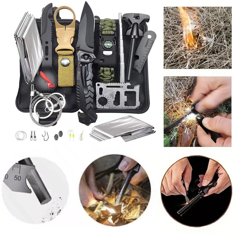 Survival Kit 13-in-1 - Outdoor Notfall Ausrüstung Set mit Klappmesser, Taschenlampe & Feuerstarter - Geschenk für Männer, Vater, Freund – Camping, Wandern, Abenteuer