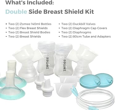 Zomee Double Breast Shield Kit Replacement Set for Z2 Size 24mm Includes; Breast Sheild Body, Diaphragms, Duckbill Valves, Tubes and Adapters & Storage Bottles