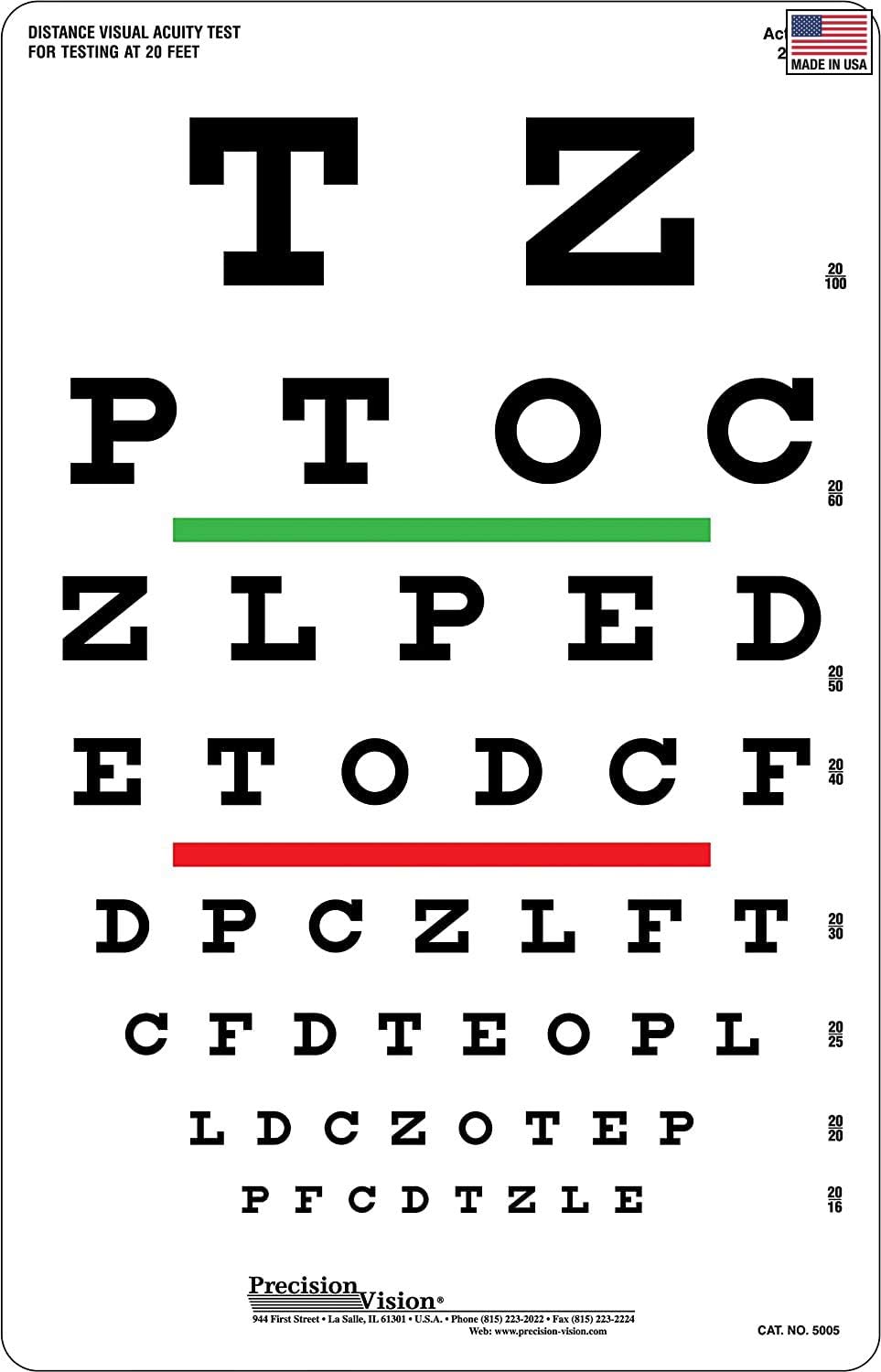 Snellen Eye Chart Red And Green Bar Visual Acuity Test 20 Foot Test 