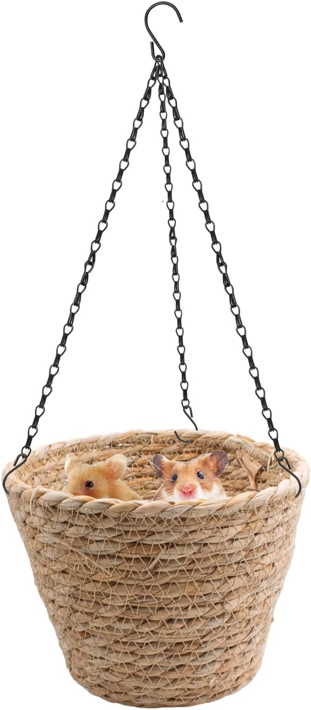 Natural Grass Rat Hammock for Cage, Handwoven Hanging Basket with Sturdy Chains for Small Animals Chinchilla Parrot Sugar Glider Mice, Rat Cage Accessories