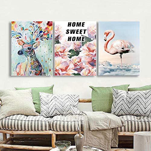 Peinture calligraphie 3 panneau avec motif flamant rose cerf - 3