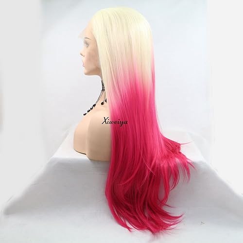 Miniatura 3 de Xiweiya Pelucas largas y naturales lacias, peluca de color piano de sirena, color rubio, rojo degradado, peluca sintética con encaje frontal,