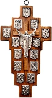Stations of the Cross Crucifix | Genuine Olive Wood | Beautiful Italian Craft | Silver Plates and Highlights | Christian Home Goods | Great Catholic Gift for First Holy Communion and Confirmation