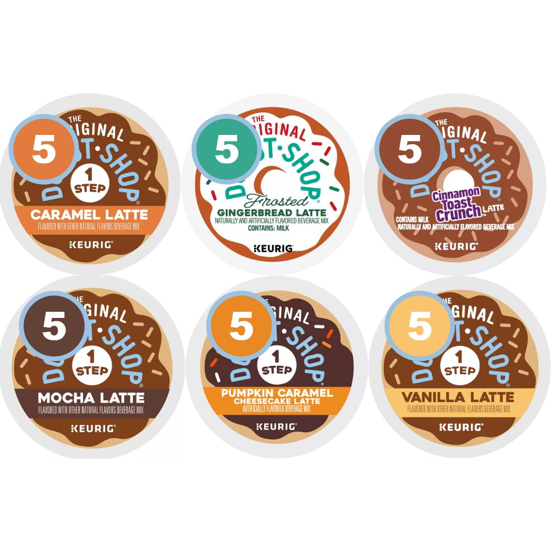 30 Count Latte Pods Variety Pack. 6 Top Flavors - Vanilla, Caramel, Mocha, Pumpkin Caramel Cheesecake And Cinnamon Toast Crunch,And Gingerbread (Contains Milk)