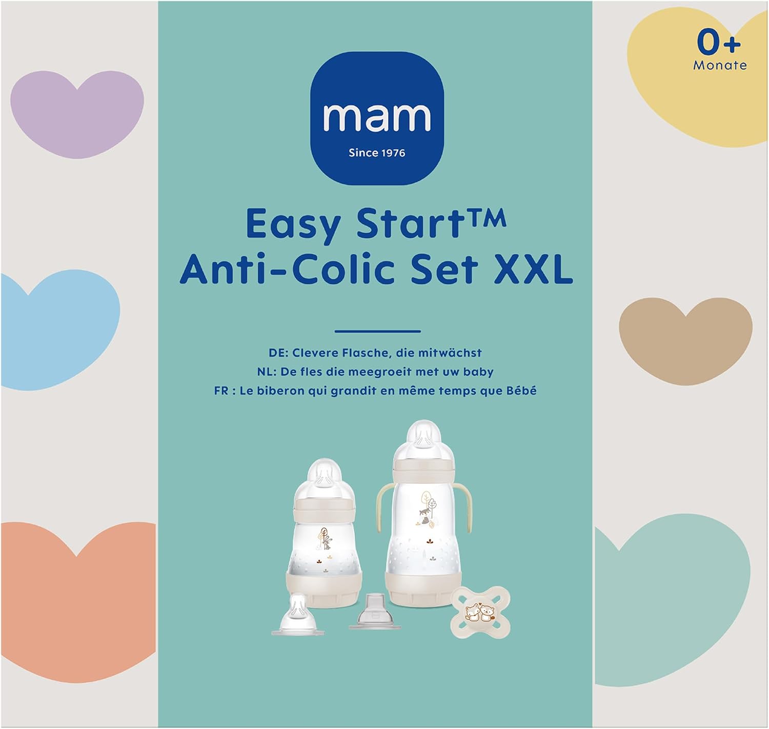 MAM Easy Start Anti-Colic набор детских бутылочек XXL стартовый набор с соской бутылочками сосками и другими принадлежностями подарочный набор для новорожденных с рождения бежевый