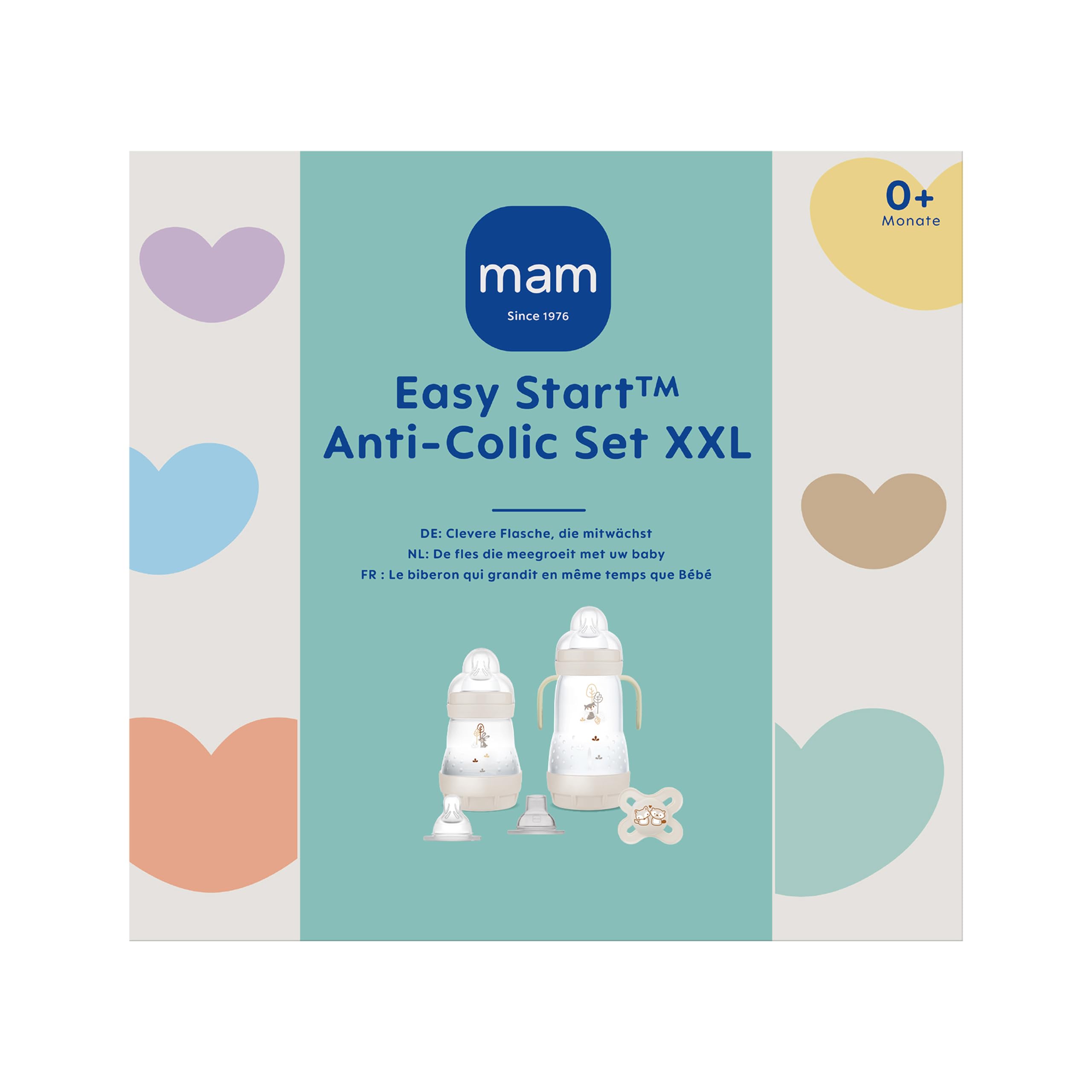 MAM Easy Start Anti-Colic Babyflaschen Set XXL | mitwachsende Baby Erstausstattung mit Schnuller | Flaschen, Sauger und mehr | Baby Geschenk Set | ab Geburt | beige