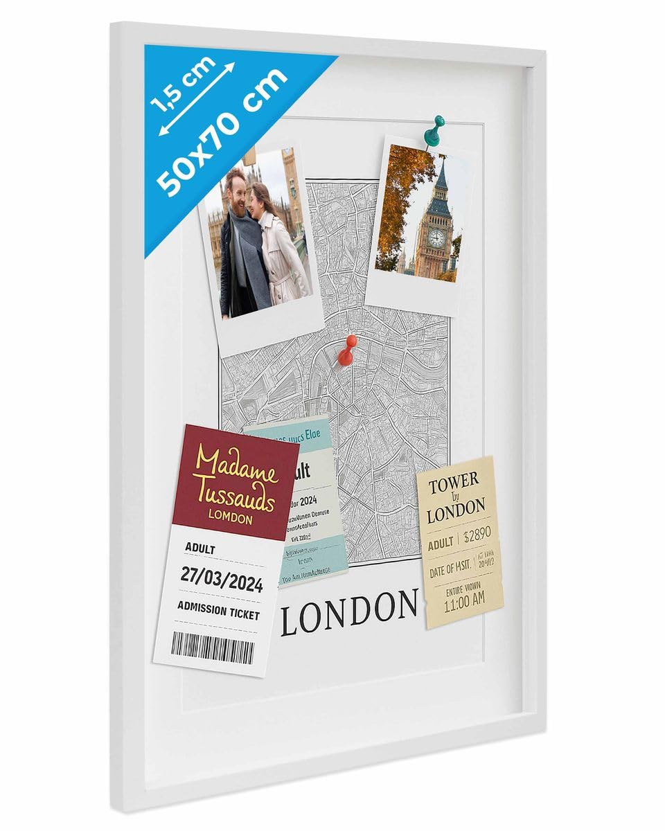 PHOTOLINI 3D Bilderrahmen zum Befüllen 50x70 Weiß groß, 1,5 cm tiefer Objektrahmen mit Glas, tiefer Bilderrahmen 50x70 Holz MDF mit Passepartout, Dicker 3D Rahmen befüllbar für Gegenstände Geschenk