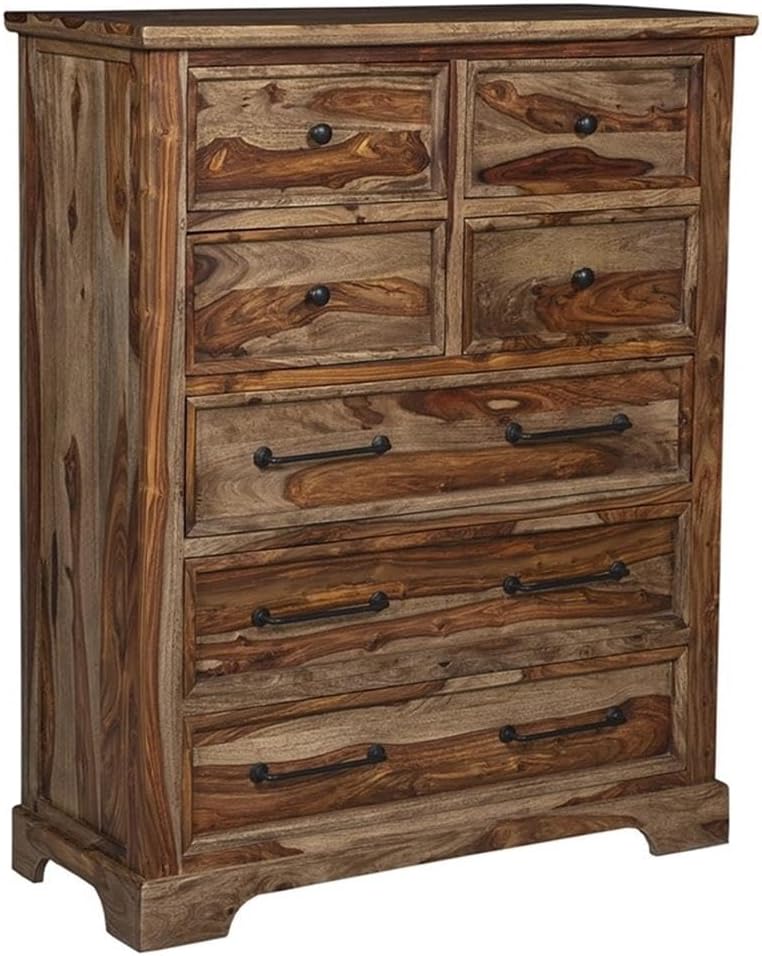 Pemberly Row Solid Sheesham Wood Chest, 53" H x 43" W x 18" D, Brown Harvest Finish, 7 Metal Glide Drawers, Natural Wood Grain, Handcrafted Contemporary Style Bedroom Storage Furniture