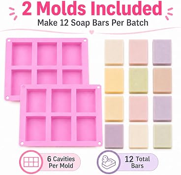 Old Fashion Soap Bar Mold Silicone 2 Pack Rectangle 6 Cavity Soap Making Mold for Homemade Soap Bars (Flexible Nonstick Easy Release)