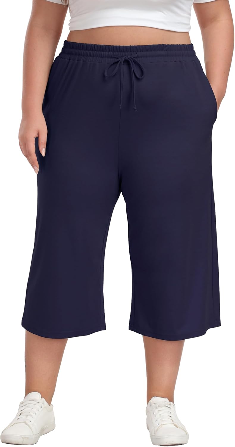 Cheapestbuy Women's Plus Size Capris Wide Leg Crop Casual Pants Comfy Summer Pants with Pockets Drawstring - Image 6