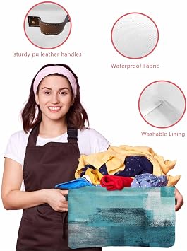 Abstract Storage Basket Turquoise Painting Large Foldable Storage Bins with Handles Modern Art Teal Gray Waterproof Fabric Laundry Baskets for Organizing Shelves Closet Toy Gifts Bedroom Home Decor