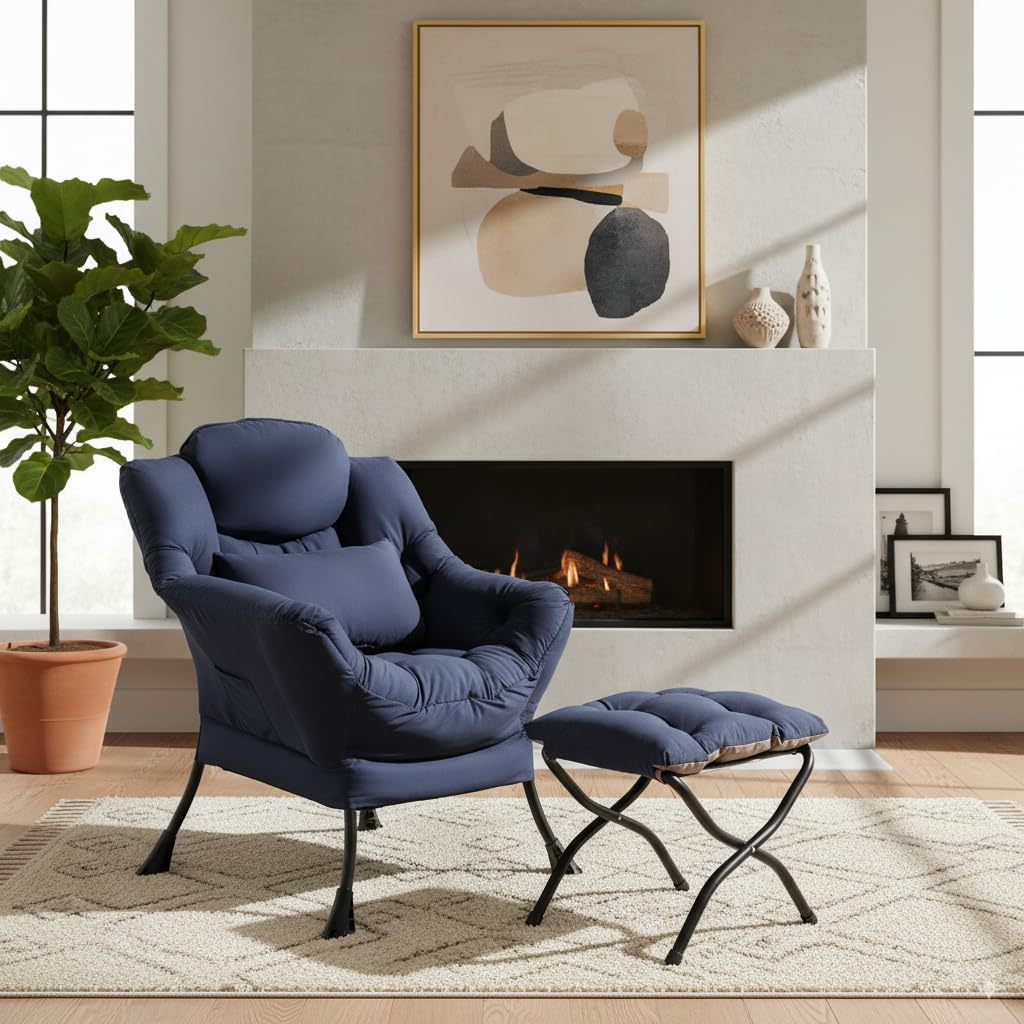 Lazy Chair with Ottoman, Modern Lounge Chair with Lumbar Pillow, Accent Cozy Reading Armchair and Folding Footstool for Bedroom, Dorm, Living Room,Navy