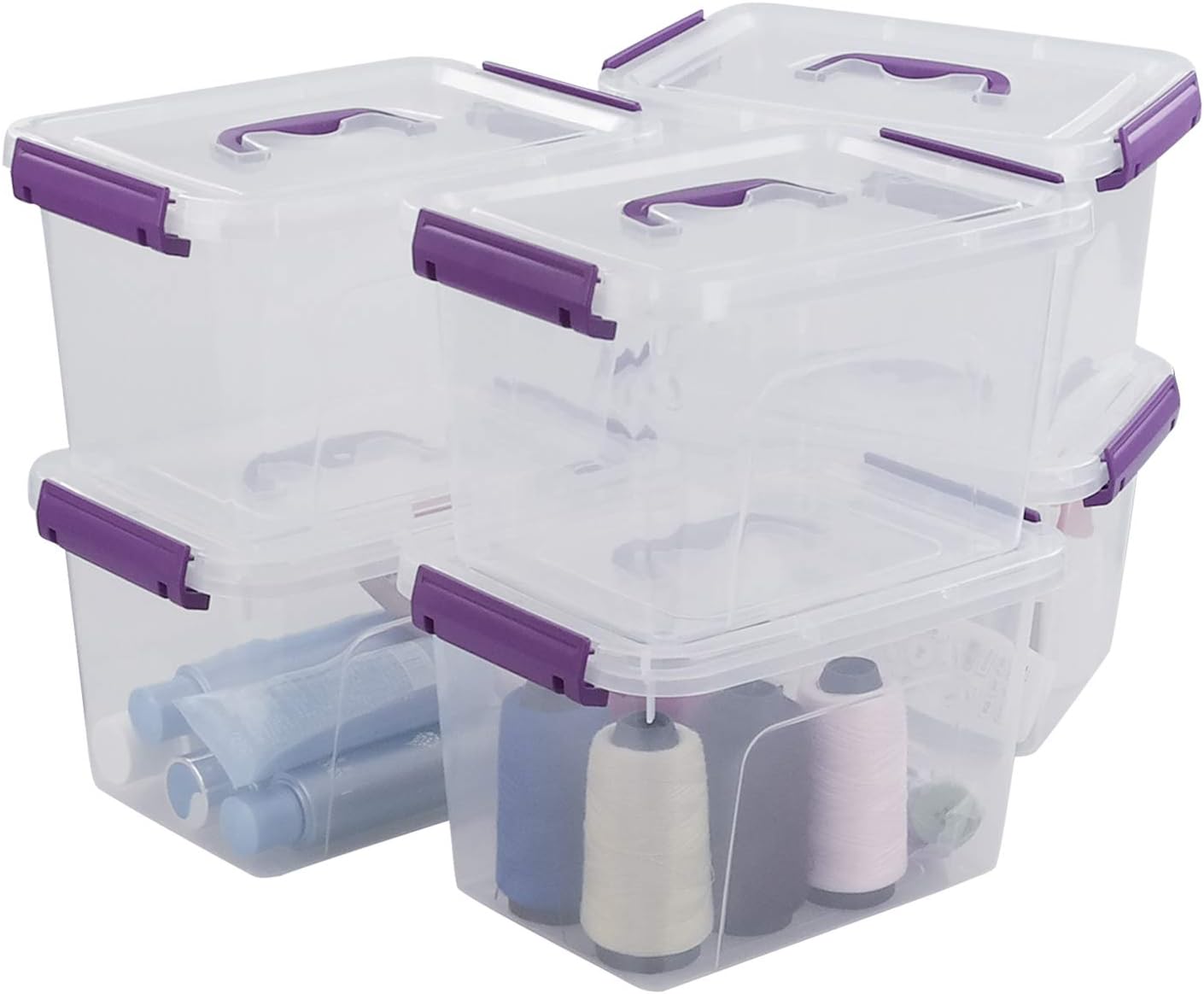Clear Plastic Bin with Lid, 6 Quart Latching Box with Purple Handle, 6 Packs