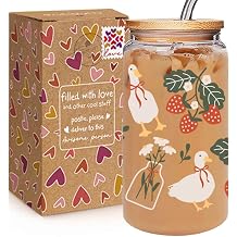 16oz Cute Duck Strawberry Glass Cup with Lid & Straw, Ideal Brithday Gift for Her, Friends, Coworkers, Duck Strawberry Lover, Aesthetic Drinking Glass for Office, Home