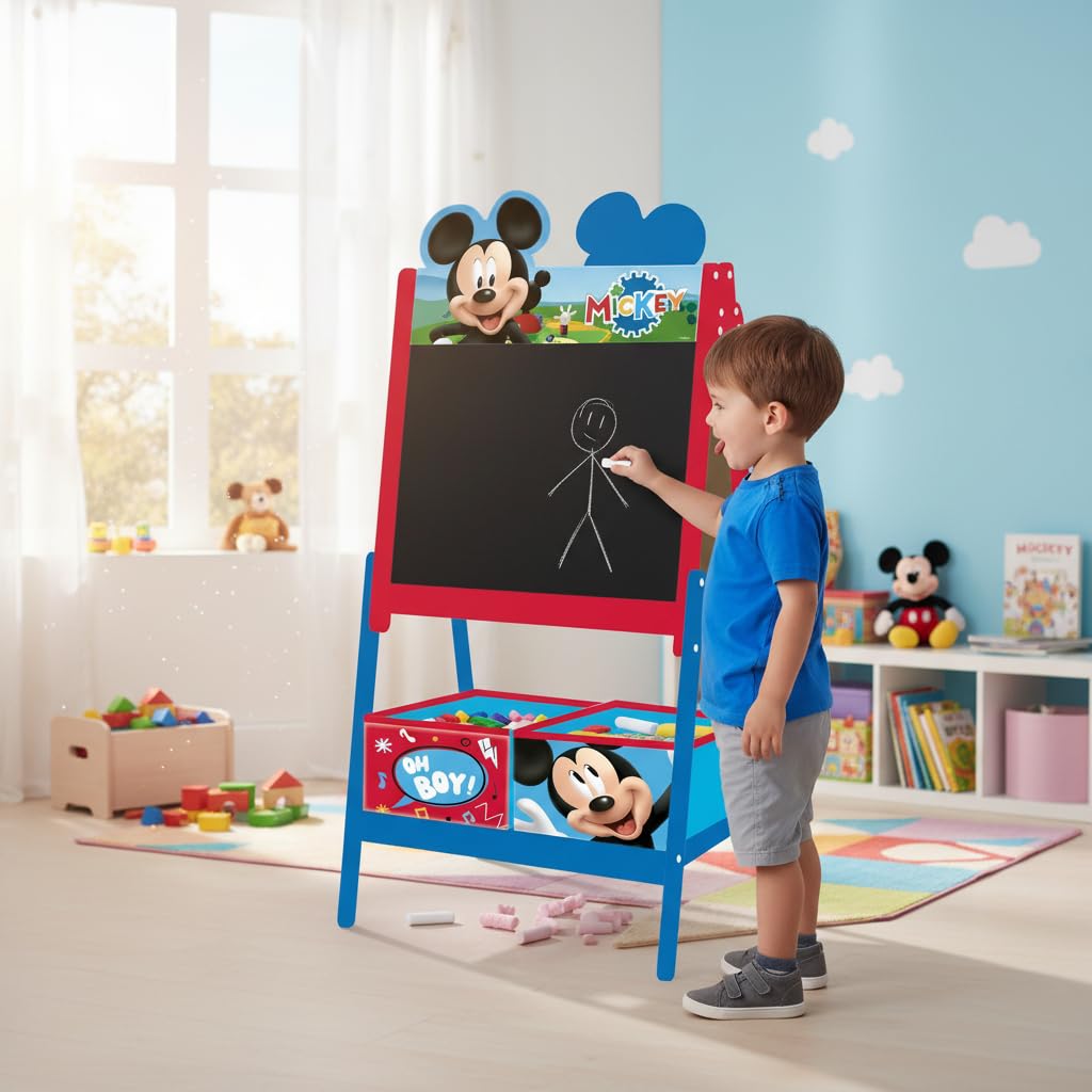 ARDITEX - Pizarra infantil de Disney Mickey Mouse con doble superficie para uso de tiza y rotulador y 2 contenedores textiles para almacenaje - 54x45x117cm - Contenedores de 24x30x15cm - Color rojo