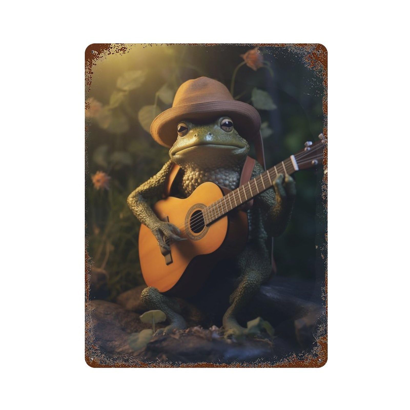 Rust Effect Frog Hat Playing Guitar Vintage Metal Tin Sign 15.7"x11.8", Decorative Metal Wall Art for Office, Studio And Wall Decor