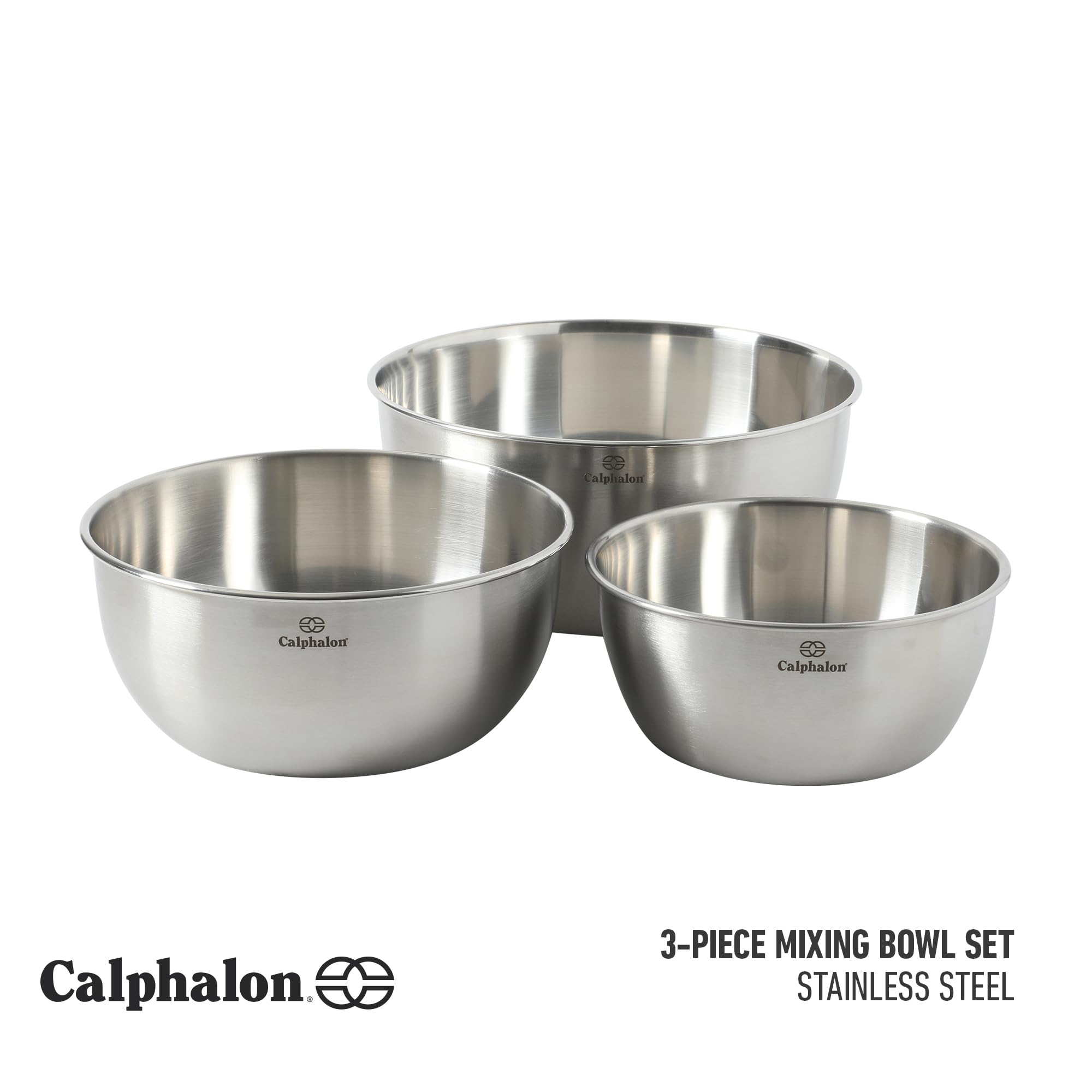 Calphalon Astro Rührschüsseln, 3-teiliges Edelstahl-Rührschüssel-Set mit mattem Finish, verschachtelte Metall-Rührschüsseln für Küche, Backen und Vorbereiten, Silber