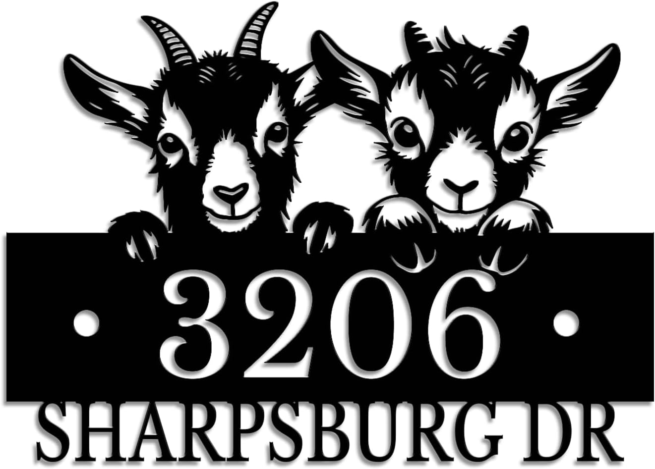 Personalized Goat House Number Sign, Custom Farm Animal Address Plaque, Outdoor Yard Wall Art, Rustic Farmhouse Decor, Front Door Patio Decor, Country Style Display (Style-1)
