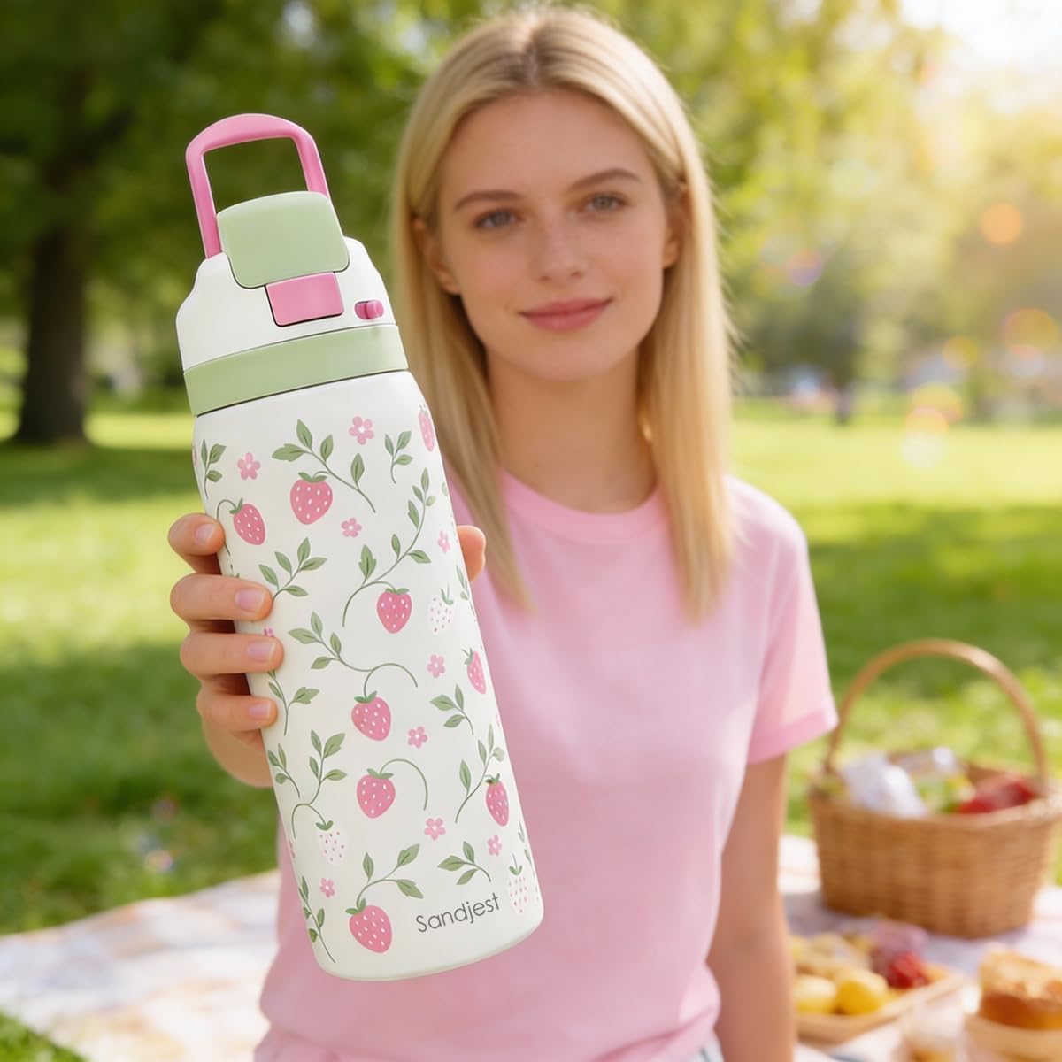 Strawberry Stainless Steel Water Bottle, Vacuum Insulated, Push-Button Lid, 32 oz, Gifts for Women Girls Friends Teens Birthday Christmas