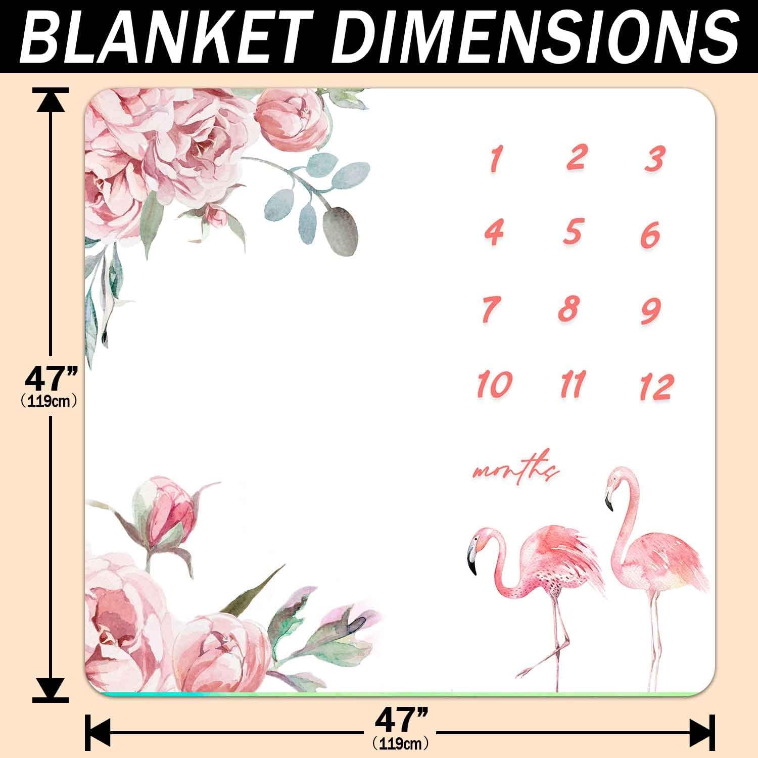 Baby Monthly Milestone Blanket, Pink Flamingo Floral Growth Chart Blanket for Baby Pictures, 47"x47" New Born Photography Backdrop 1 to 12 Months Include 4 Frames, 1 Headband, BTXTPH74