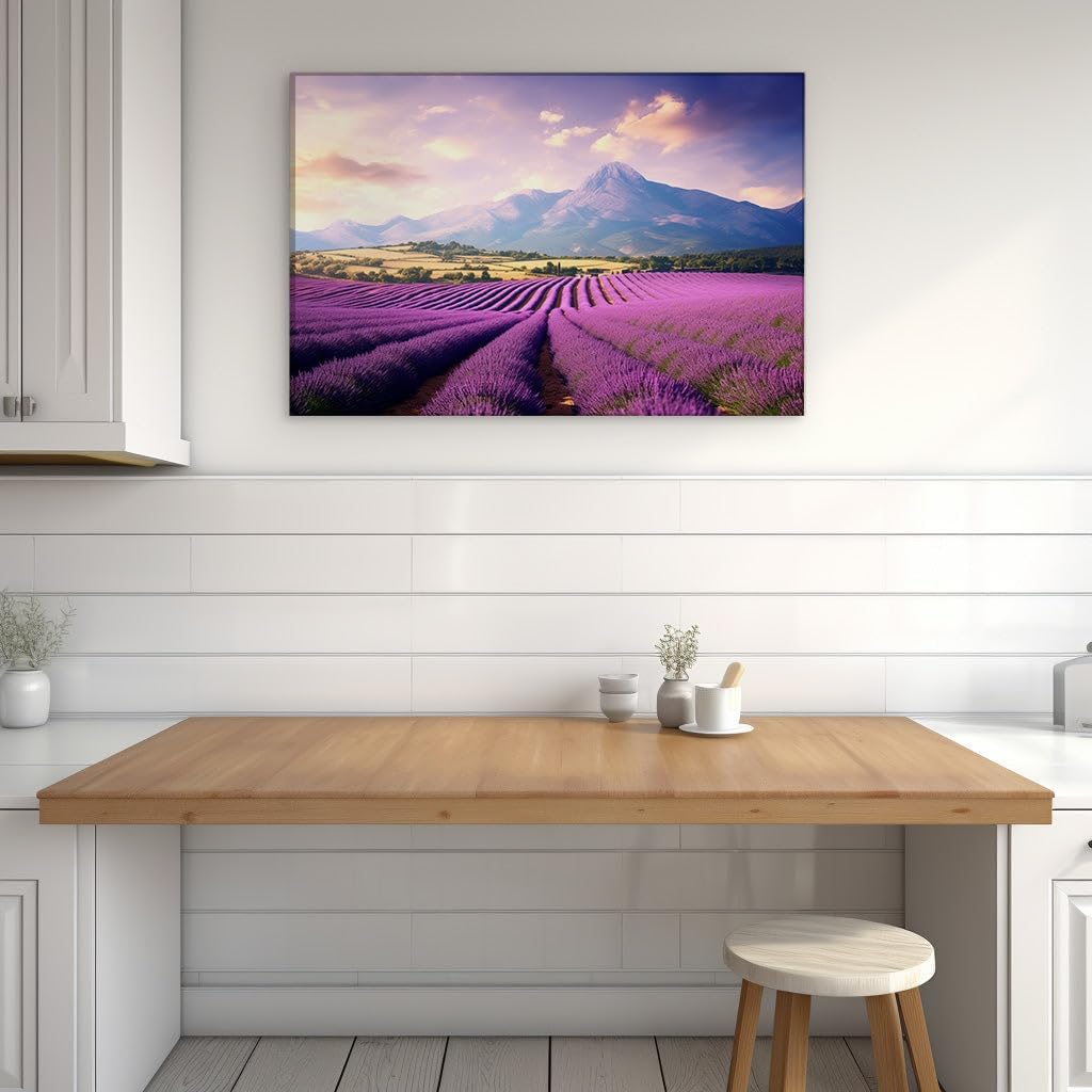 Canvas for Living room. Fields of Serenity: A Majestic Journey through Blooming Lavender and Mountain Grandeur, 27 x 18 inch Canvas Wall Art - Contemporary Masterpieces - Modern Home Decor